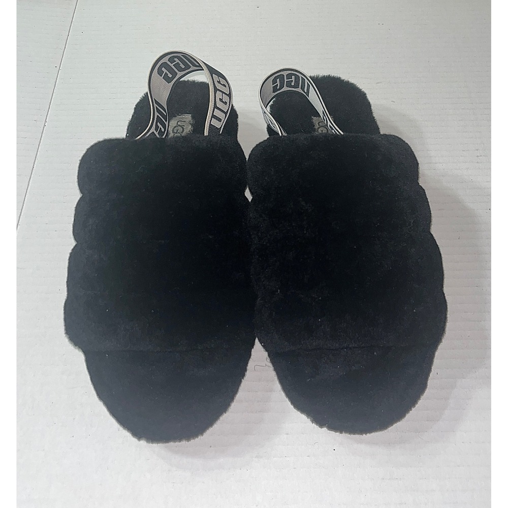 UGG Fluff Yeah Slide Black Sheepskin Slingback Sandals 1095119 Womens 8